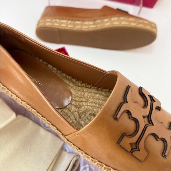 Tory Burch Women Ines Platform Tan Leather Espadrille With Logo Design Size 9 - Picture 5 of 9